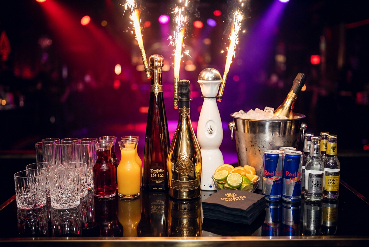 VIP bottle service table at Dancers Royale — champagne, top-shelf tequila and mixers under club lighting